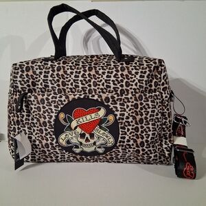 Ed Hardy Leopard Print Tote Duffel Bag with Rhinestone Skull Design NWT